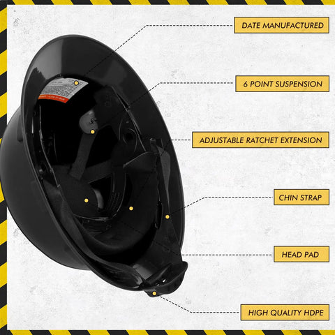 10 Pack Full Brim Hard Hats For Construction Worksites Boss Level Protection With 6 Point Adjustable Ratchet Suspension HDPE Safety Helmet ANSI Z89 1 Type I Class E Meets PPE Standards For Men And Women, interior details shown.