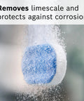 Blue descaling tablet in water, showing fizzing action. Descaling Tablets For VeroCafe Espresso Machines Easy 2 In 1 Descaler And Cleaner