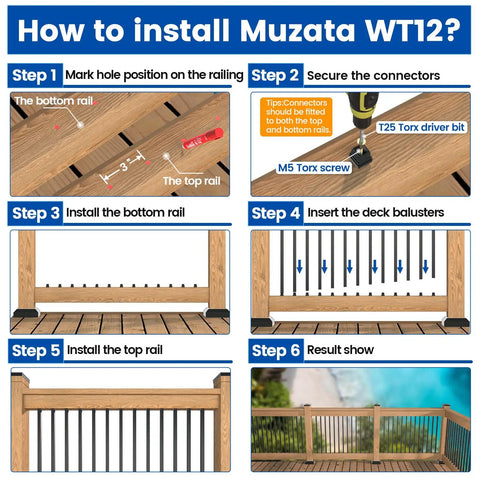 Installation steps for 100 Pack 26-Inch By 3-Quarter-Inch Aluminum Deck Balusters Square Black Hollow Spindles With Screws WT12