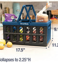 Collapsible Grocery Baskets With Handles 24L Ocean, 3 Pack shown open with groceries, dimensions labeled 17.5x11.25x9.12 inches