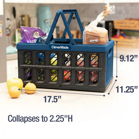 Collapsible Grocery Baskets With Handles 24L Ocean, 3 Pack shown open with groceries, dimensions labeled 17.5x11.25x9.12 inches