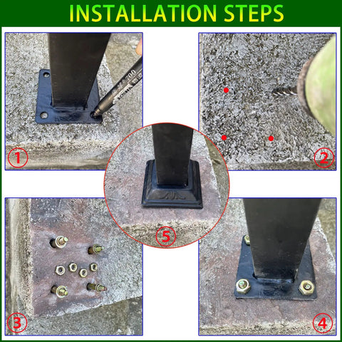 Installation steps for Sturdy Metal Outdoor Stair Handrail For One To Three Steps Single Post Wrought Iron Design Matte Black Rust Proof Railing
