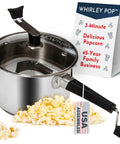Premium Stainless Steel Stove Top Popcorn Maker With Patented Stirring Gears For Quick Home Movie Night Treats That Hit Different Like Fresh Theater Grade Buttered Popcorn with popcorn and sign.