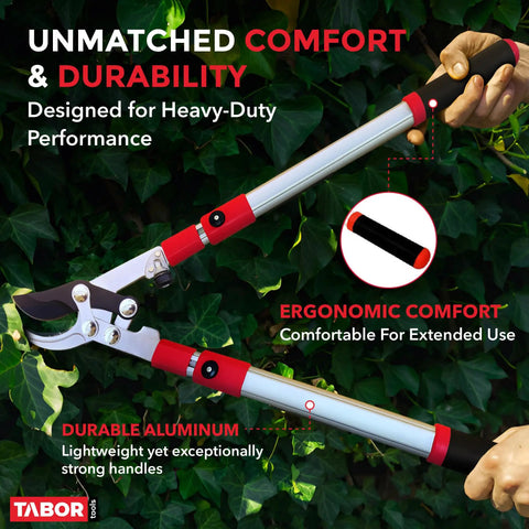 Extendable Bypass Lopper With Compound Action For Tree Pruning, 27 To 40 Inch Telescopic Reach, ergonomic red handle