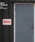 Clear Reflective Entrance Sign For Businesses, 8x12 Inch Rust Free Aluminum, Enter Here, Pre Drilled For Easy Mount, Weatherproof UV Protected Outdoor Sign That Grabs Attention And Directs Guests To The Correct Entry Point on dark wall