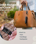 Heavy Duty Orange Peel Pepper Spray With Quick Release Keychain attached to handbag, displaying quick-release functionality.