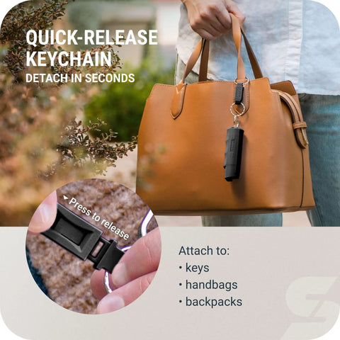 Heavy Duty Orange Peel Pepper Spray With Quick Release Keychain attached to handbag, displaying quick-release functionality.
