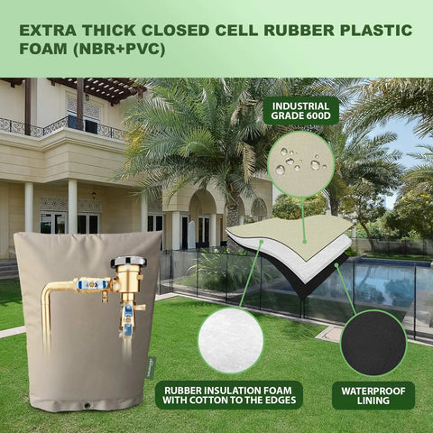 Super Tough Extra Thick Insulated Winter Pipe Cover Protects Backflow Preventers Pumps Sprinklers Valves From Freezing With Uv Coated Eva Nbr Foam In Harsh Cold Weather Twenty Four Inch By Thirty Six Inch Size shown in use with insulation layers diagram