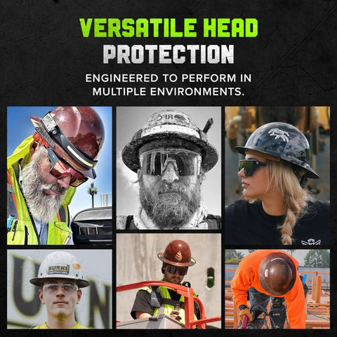 Collage of workers wearing a Carbon Fiber Full Brim Hard Hat With Reinforced Shell For Tough Work All Day Comfort And Expanded Coverage In Orange And Black Durable Protective Helmet For Construction And Industrial Sites in various jobs.
