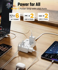 25Ft Heavy Duty Extension Cord With Flat Plug Surge Protector Featuring Six Power Outlets Dual Usb C And Dual Usb A Ports Delivering Pd20W Fast Charge on wooden desk.