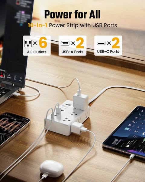 25Ft Heavy Duty Extension Cord With Flat Plug Surge Protector Featuring Six Power Outlets Dual Usb C And Dual Usb A Ports Delivering Pd20W Fast Charge on wooden desk.