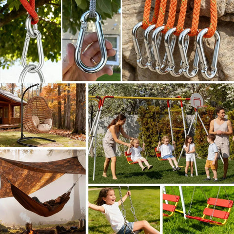Collage of 50 Pack Heavy Duty Carabiners M8 Five Sixteenths Inch Diameter Spring Snap 3 Inch Length Zinc Galvanized Steel Clips in outdoor use