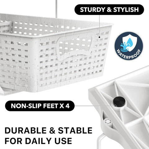 Total Game Changer Slick Sliding Under Sink Organizer With Adjustable Divider And Portable White Baskets For Kitchen Cabinets And Bathroom Vanity No Sweat Storage waterproof storage basket with non-slip feet and handle