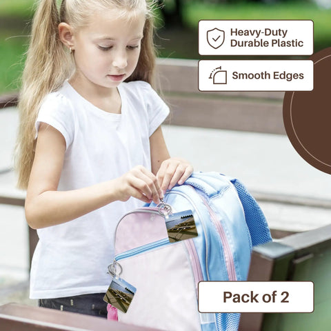 Child attaching Outrigger Canoe Key Chains Set Of 6 Moorea French Polynesia Scene Heavy Duty Plastic With High Gloss Finish to backpack