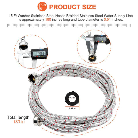 15Ft Stainless Steel Washing Machine Hoses Two Pack With Hot And Cold Water Lines Universal Fit For All Washers Burst Proof And Leak Free Striped Tubing 10 Year Warranty product size details