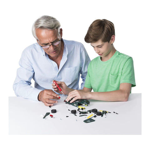 Child and adult assembling Roadster 5-In-1 Building Kit With 174 Parts, Pull-Back Racer, Real Metal Components For STEM