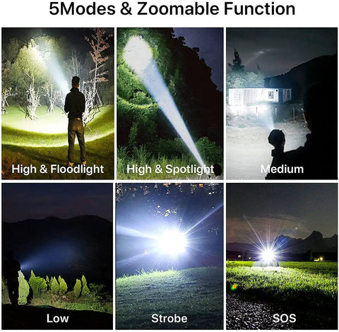 90000 Lumens Rechargeable Flashlight Beast Mode Bright With 5 Modes Handheld LED Light showing high, flood, low, SOS modes.