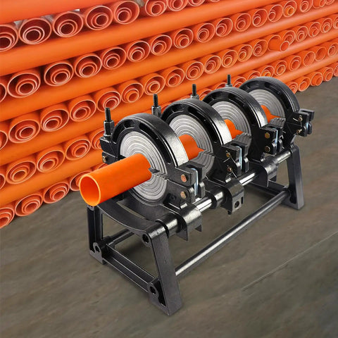 Manual Pipe Fusion Welder For 63 To 160 Mm Pipes Electric Butt Fusion Welder With Temperature Control Four Thick Clamping Rings Pro Grade Heavy Duty For PE PP PB PVDF HDPE PVC Joints Fast Clean Cuts And Solid Joints. Manual pipe fusion welder clamping 63 to 160 mm orange PVC pipes