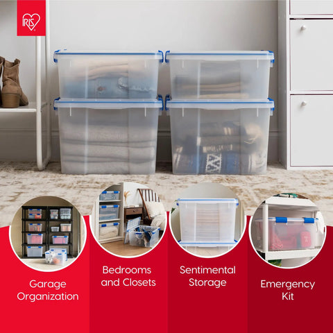 16 Qt Weatherproof Storage Bins With Lids 3 Pack BPA-Free Plastic Gasket Boxes in clear and blue in a home setting