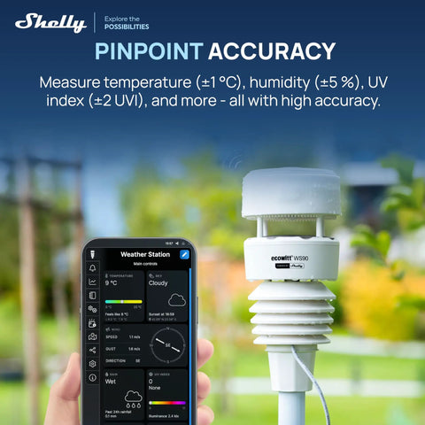 Ws90 7 In 1 Outdoor Weather Station With Bluetooth And Zigbee Connectivity Smart Home Ready Ultrasonic Wind Monitoring Haptic Rain Detection Temperature And Humidity Tracking UV And Illuminance Sensor IPX5 Rating Shelly Powered displayed outdoors next to smartphone app screen.