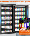 Heavy Duty 150 Key Wall Mounted Lock Box With Key Drop Slot And Colorful Key Tags, Rugged Anti Theft Safe For Secure Key Storage In Home Garage Office Hotel School And Commercial Use, showing open view with colorful key tags.