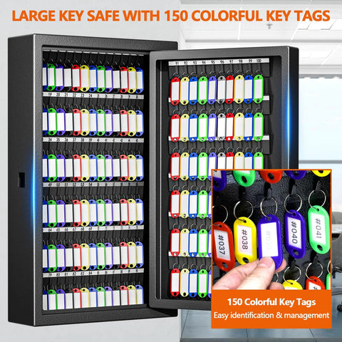 Heavy Duty 150 Key Wall Mounted Lock Box With Key Drop Slot And Colorful Key Tags, Rugged Anti Theft Safe For Secure Key Storage In Home Garage Office Hotel School And Commercial Use, showing open view with colorful key tags.