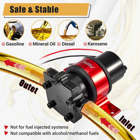 110 GPH Electric Fuel Pump 12V High Flow With Mounting Bracket Heavy Duty Gasoline Transfer Pump For Auto 13-14 PSI 5/16 Inch Hose Adapters Durable Metallic Black Body