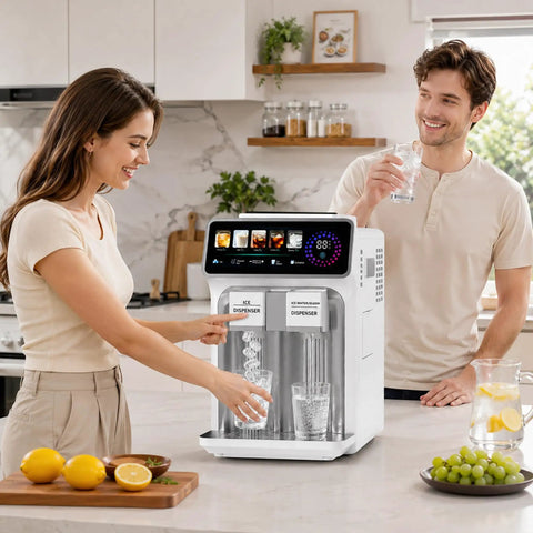 3 In 1 Countertop Ice Maker Featuring An Automatic Ice Crusher And Water Dispenser To Make Bullet Ice Shaved Treats Or Slush Fast in modern kitchen.