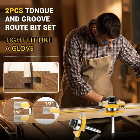 2 Pack Tongue And Groove Router Bit Set 1/4 Inch Shank in use on woodworking project, showing adjustable 3 tooth T style bits.