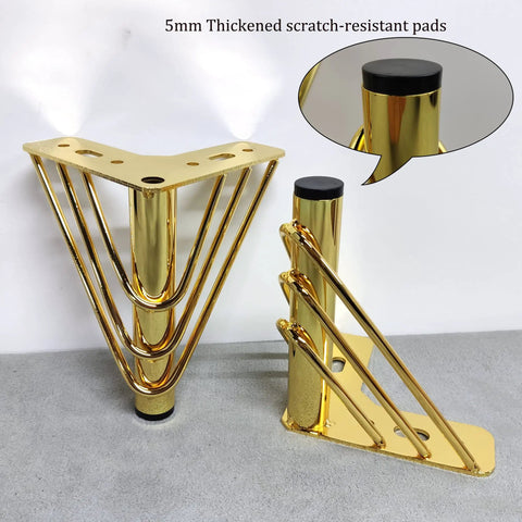 7 Inch Heavy Duty Metal Triangle Furniture Legs Set Of 4 In Luxury Gold Finish, focus on anti-scratch pads detail.