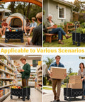 All Terrain Folding Utility Wagon with Wheels for groceries, garden, camping, and transport; collage of four uses.