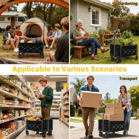 All Terrain Folding Utility Wagon with Wheels for groceries, garden, camping, and transport; collage of four uses.