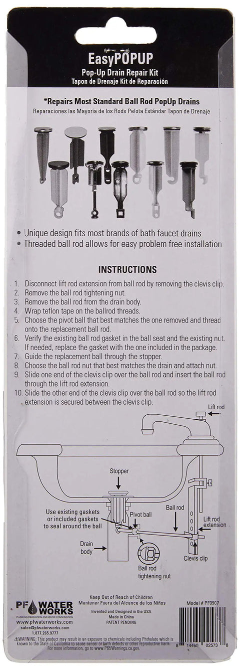 Package back view of Pop Up Drain Repair Kit With Threaded Adjustable Ball Rod Center Pivot Gasket and Instructions