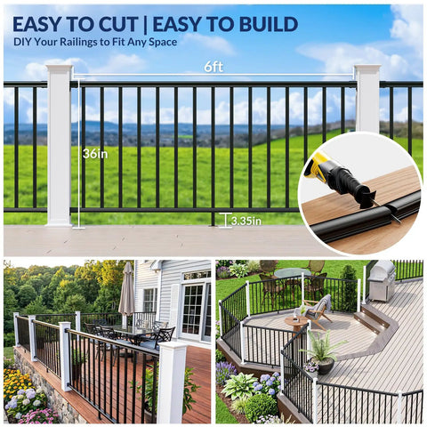 Rock Solid Aluminum Porch And Deck Railing Kit With 6 Foot Span And 36 Inch Height Astm Certified outdoor balcony fencing without posts featured on deck.