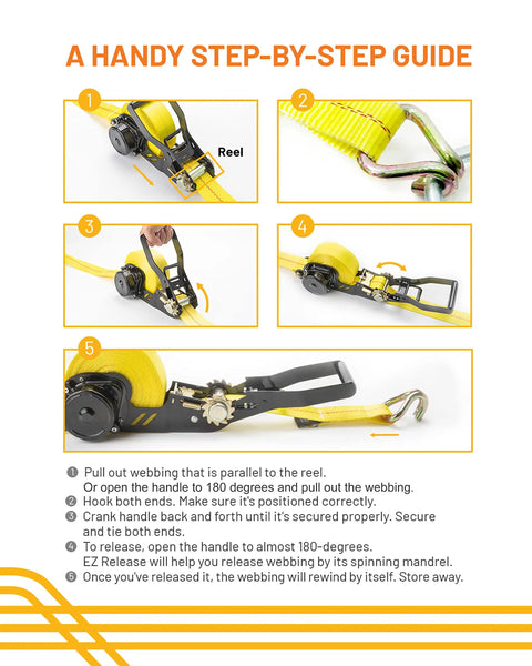 Instruction guide for Retractable Ratchet Tie Down Strap 2 Inch By 27 Foot Heavy Duty Webbing With 10000 Pound Breaking Strength