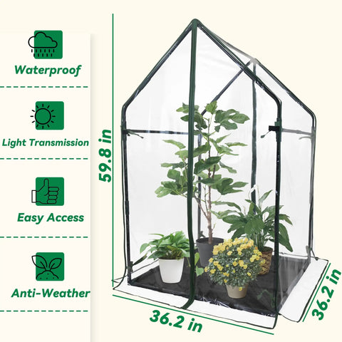 Portable Mini Greenhouse With Waterproof Base And Sturdy Metal Frame, Ready For Indoor Or Outdoor Use, Tall Vertical Design For Tall Plants, Deck Friendly 36 By 36 Inch Footprint, 59.5 Inch Tall