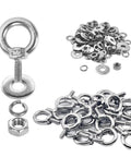 Premium Stainless Steel M4 Eye Bolts, Complete 24 Piece Hardware Set With Hex Nuts Flat And Spring Washers, assorted eye bolts and nuts for rigging.