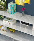 Granite Look Countertop Contact Paper Peel and Stick Vinyl Wrap, Waterproof, on shelf with books and decor, 15.8 x 394 Inches