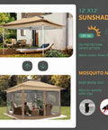 12x12 Pop Up Gazebo Canopy Tent With Mosquito Netting, shown installed in a garden setup with chairs and table, waterproof outdoor shelter.