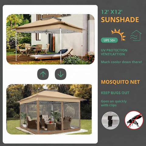 12x12 Pop Up Gazebo Canopy Tent With Mosquito Netting, shown installed in a garden setup with chairs and table, waterproof outdoor shelter.