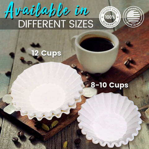 Large 8 To 10 Cup Coffee Filters Decanter Style White Disposable Eco Friendly Commercial Paper Basket next to coffee cup