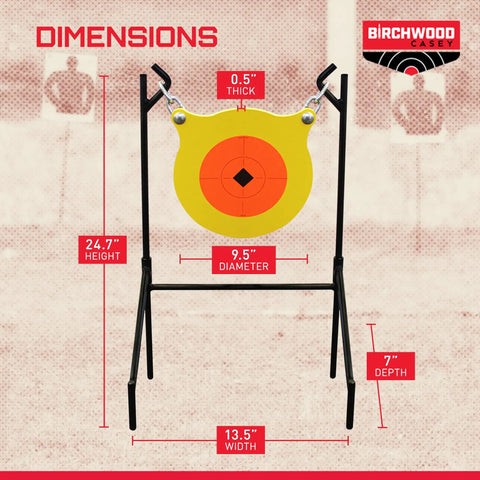 Boomslang AR500 Steel Shooting Gong Target 0.5 Inch Thick 9.5 Inch Diameter with stand, dimensions labeled