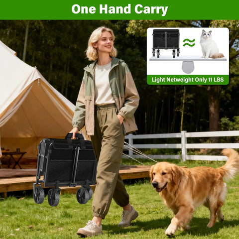 Person carrying All-Terrain Folding Wagon Cart For Grocery, Camping And More, Heavy-Duty, Collapsible Utility Wagon With 360 Lb Capacity, Rugged Wheels, Easy Fold. 