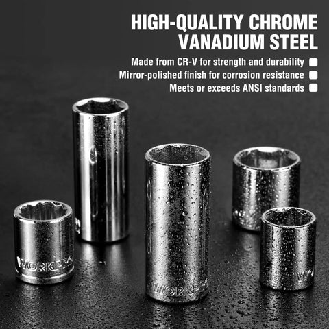 Chrome sockets from Heavy Duty 450 Piece Drive Socket Set With Quick Release Ratchet Wrench Includes Half Inch Quarter Inch And Three Eighths Inch Drives Chrome Finish For Rust Resistance Metric And Imperial Spanners And Bits Kit For Car Repair And DIY Mechanics on wet surface
