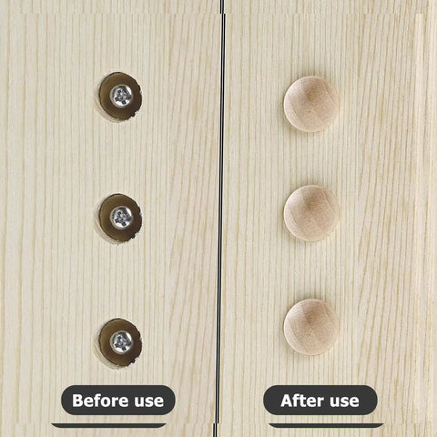 Before and after use of Wooden Screw Hole Plugs For Furniture Easy Install No Fuss Decorative Covers, showing concealed screws