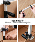 Box Resizer Tool With Scoring Wheel For Cardboard Boxes And Shipping Boxes in use, showing measuring guides and perforating blade.