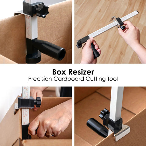 Box Resizer Tool With Scoring Wheel For Cardboard Boxes And Shipping Boxes in use, showing measuring guides and perforating blade.