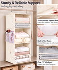 Snap Together Six Tier Hanging Closet Organizer, Collapsible Wardrobe Rack For Dorms, Beige with folded clothes and clear PVC windows.