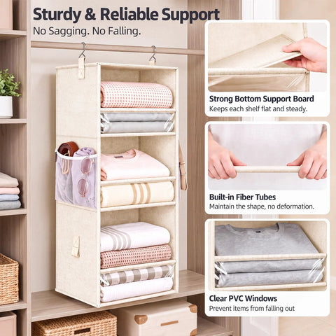 Snap Together Six Tier Hanging Closet Organizer, Collapsible Wardrobe Rack For Dorms, Beige with folded clothes and clear PVC windows.