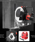 Badass 8900W Brushless Electric Wall Saw With Diamond Blade and Auto Water Cooling cutting a concrete block with water cooling system.